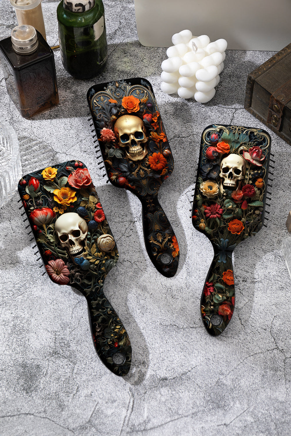 Black Gothic Flower Skull Print Air Cushion Comb