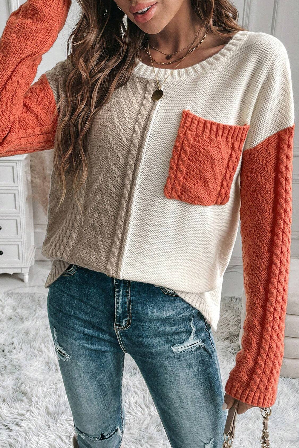 Gold Flame Colorblock Patched Pocket Drop Shoulder Sweater