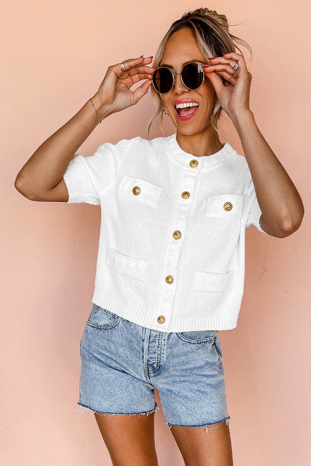 White Gold Buttons Textured Sweater T Shirt