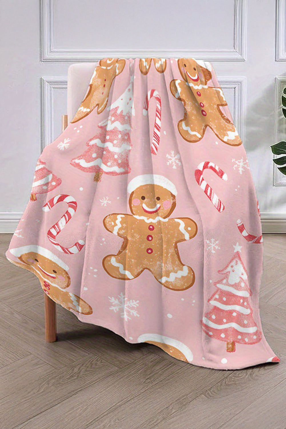 Pink Gingerbread Man Candy Cane Christmas Tree Print Plush Blanket