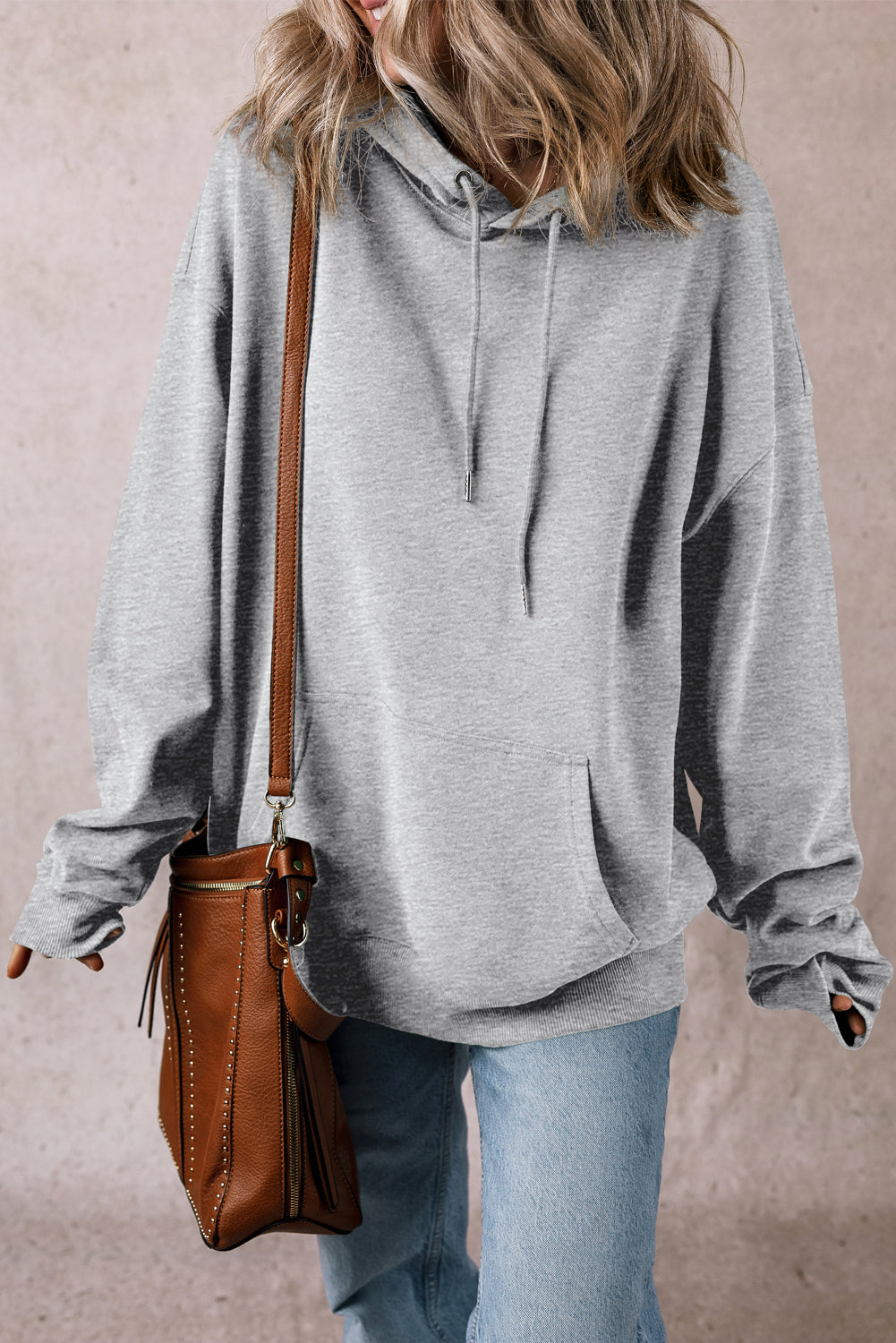 Light Grey Fleece Lined Kangaroo Pocket Drawstring Chunky Hoodie