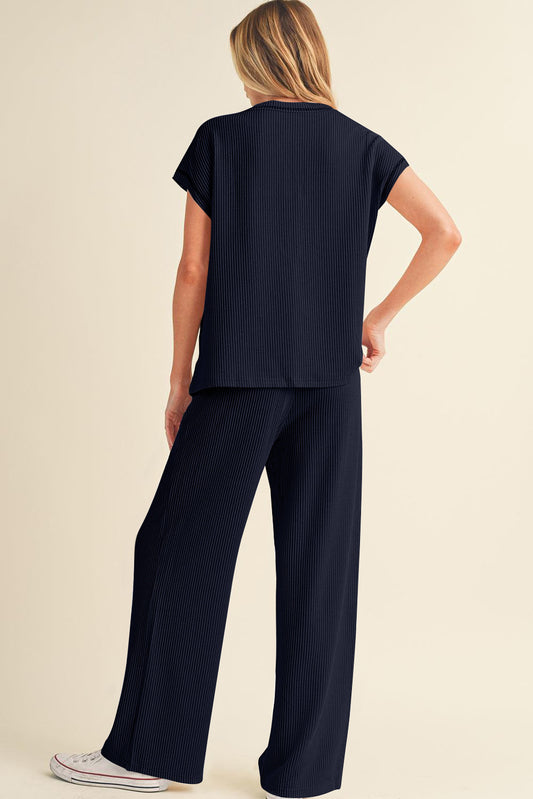 Navy Blue Solid Color Corded Short Sleeve Top and Casual Pants Set