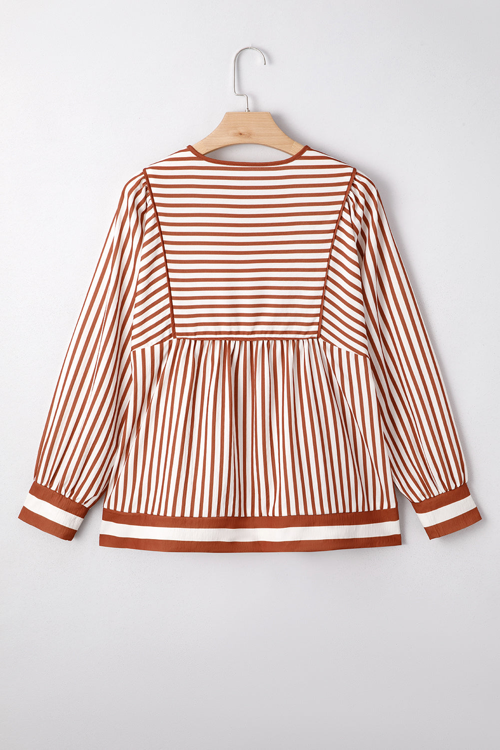 Brown Stripe Babydoll Long Sleeve Blouse