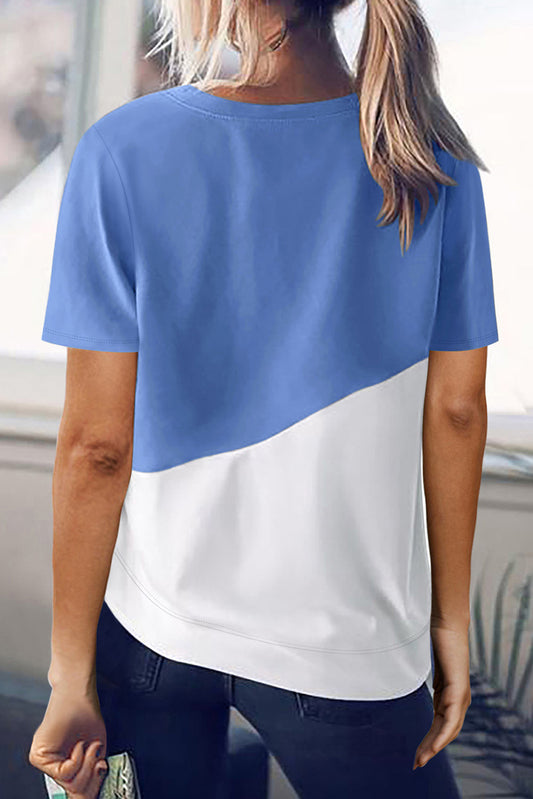 Sky Blue Crew Neck Colorblock Tee