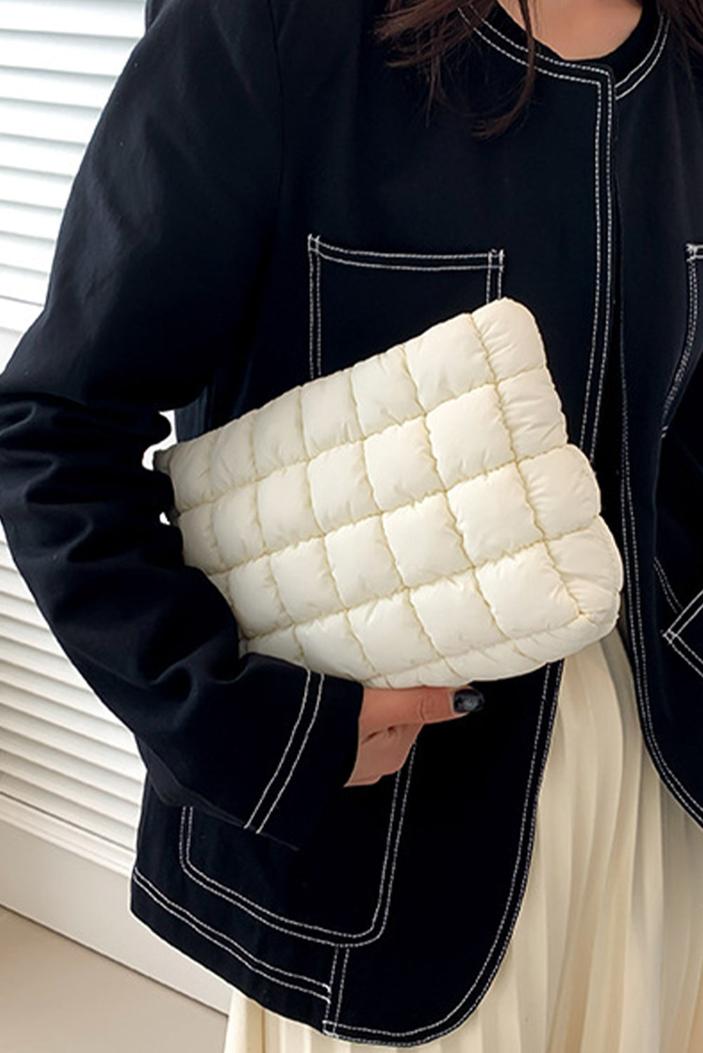 White Zipper Quilted Puffer Cosmetic Bag