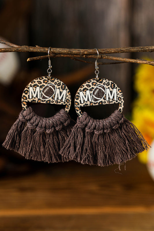 Chestnut Leopard Rugby Football MOM Print Fringed Hook Earrings