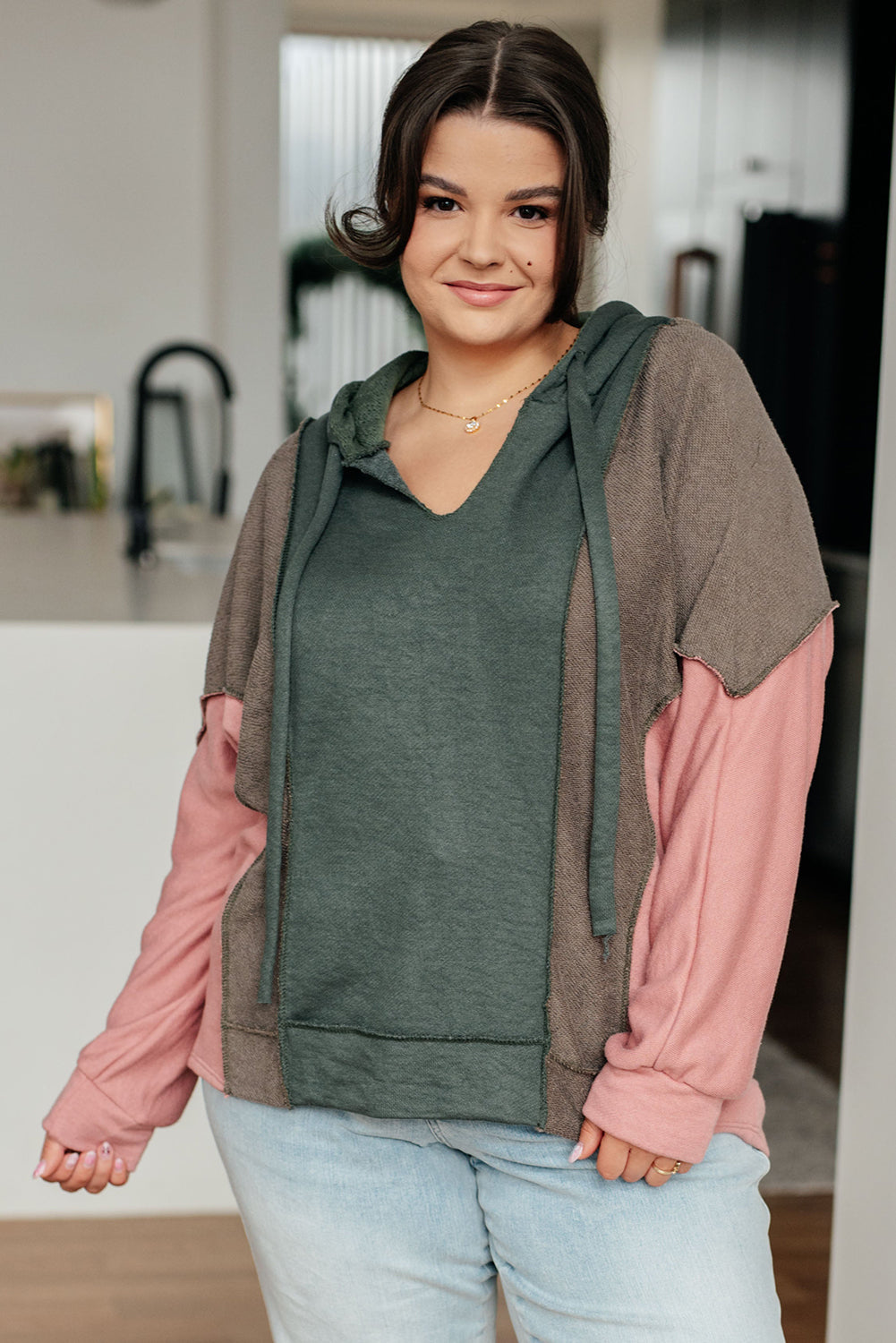 Breen Plus Size Colorblock Patchwork V Neck Hoodie