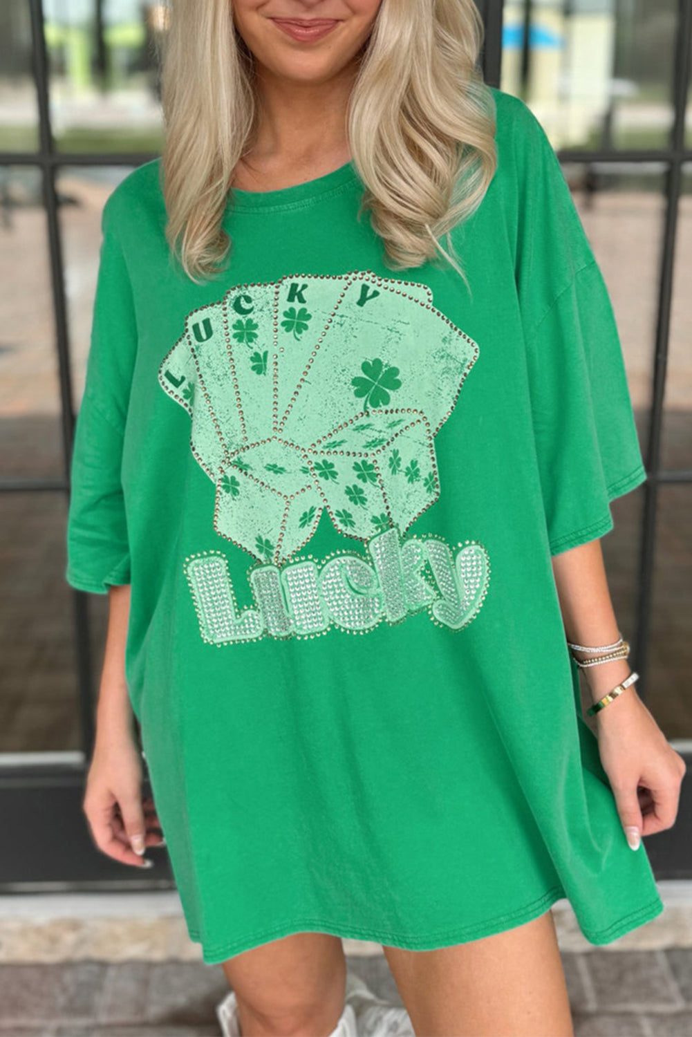 Bright Green Rhinestone Lucky Poker Cards Oversized T Shirt Mini Dress