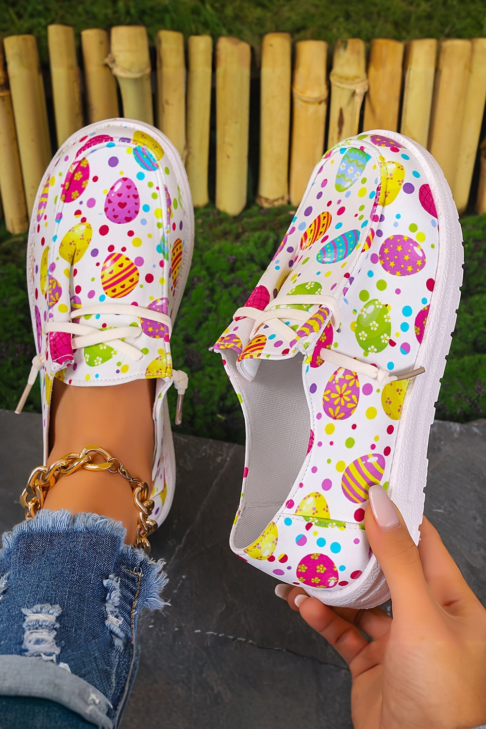Easter Eggs Printed Square Toe Slip On Canvas Flats
