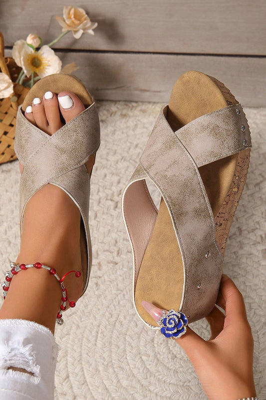 Gray Criss Cross Cut Out PU Leather Wedge Slippers