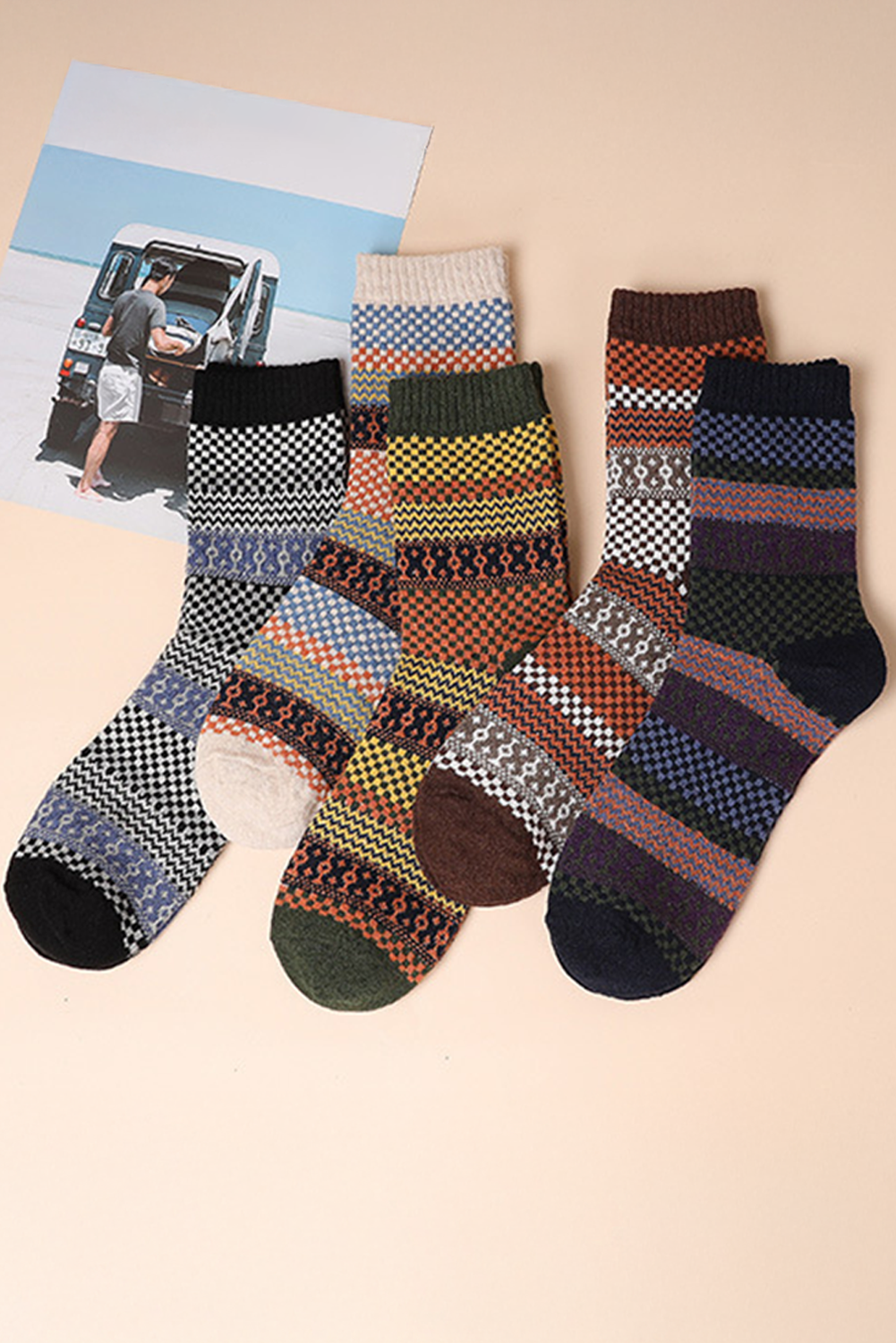 Brown Boho Checkered Pattern Soft Crew Socks Set