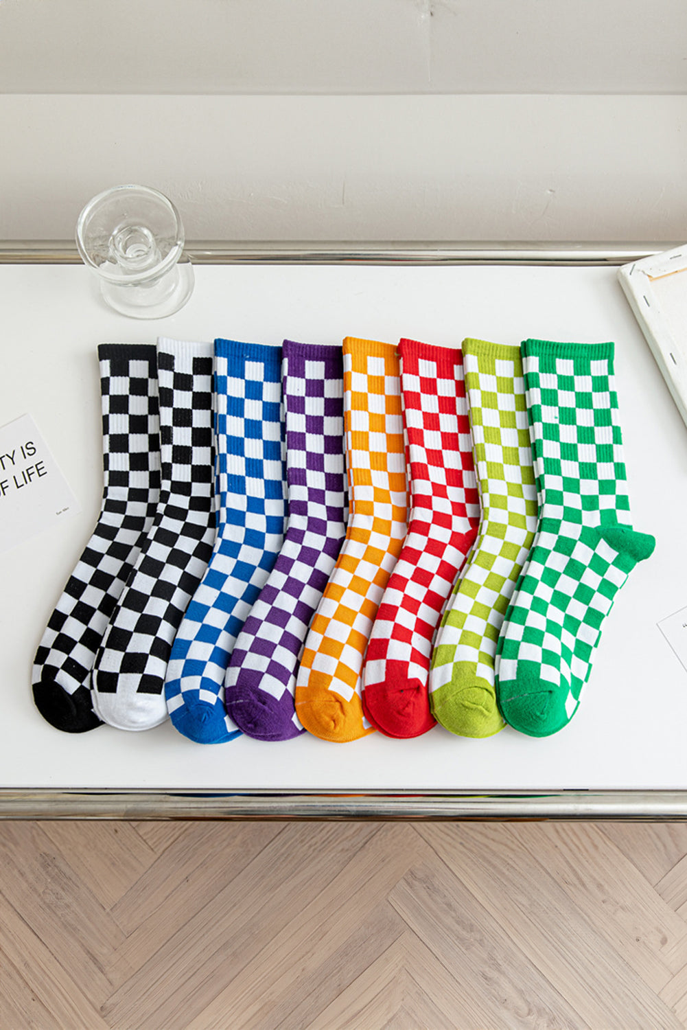 Black Checkerboard Print Cotton Socks