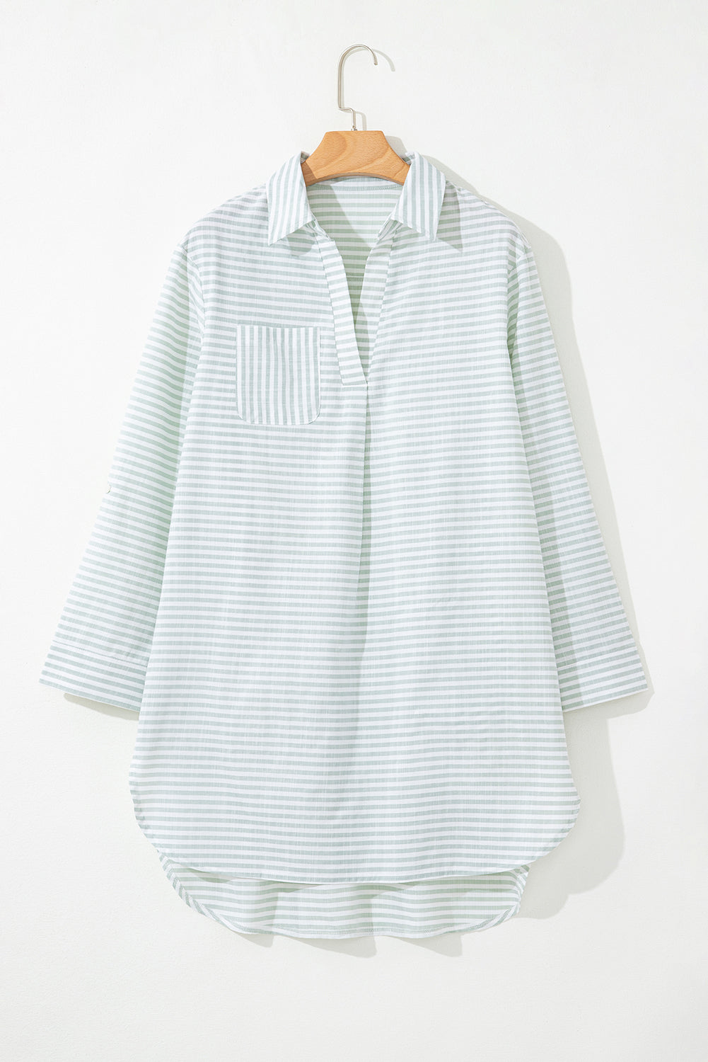 White Stripe Collared V Neck Chest Pocket Long Sleeve Beach Cover up