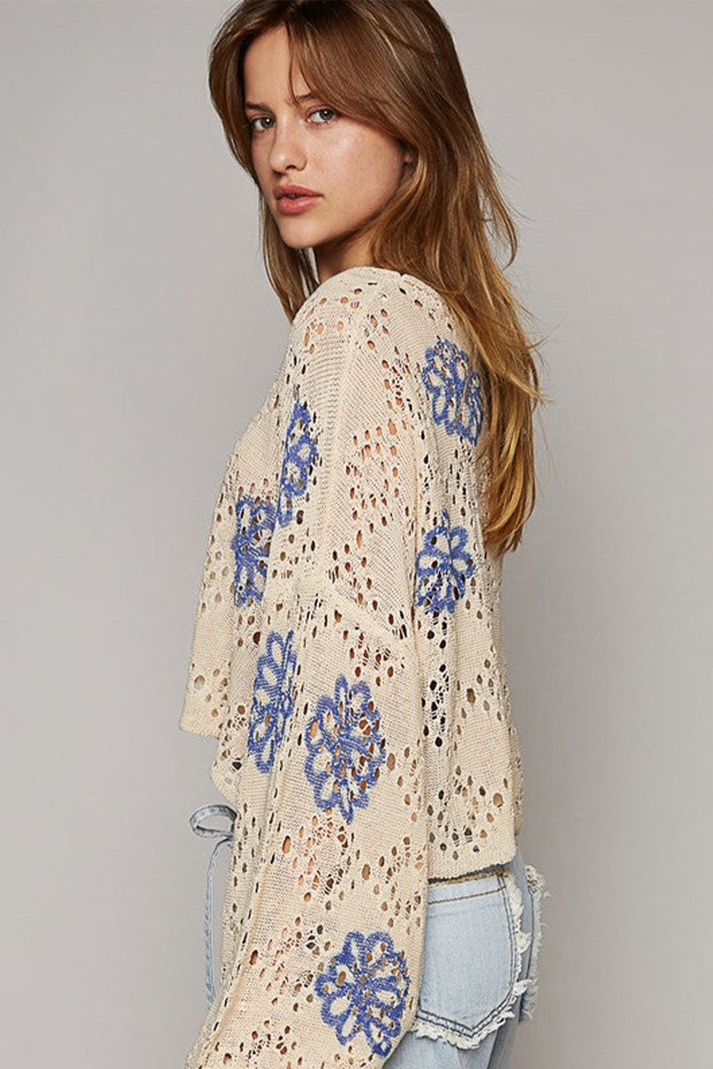 Beige Contrast Flower Print Eyelet Drop Shoulder Sweater