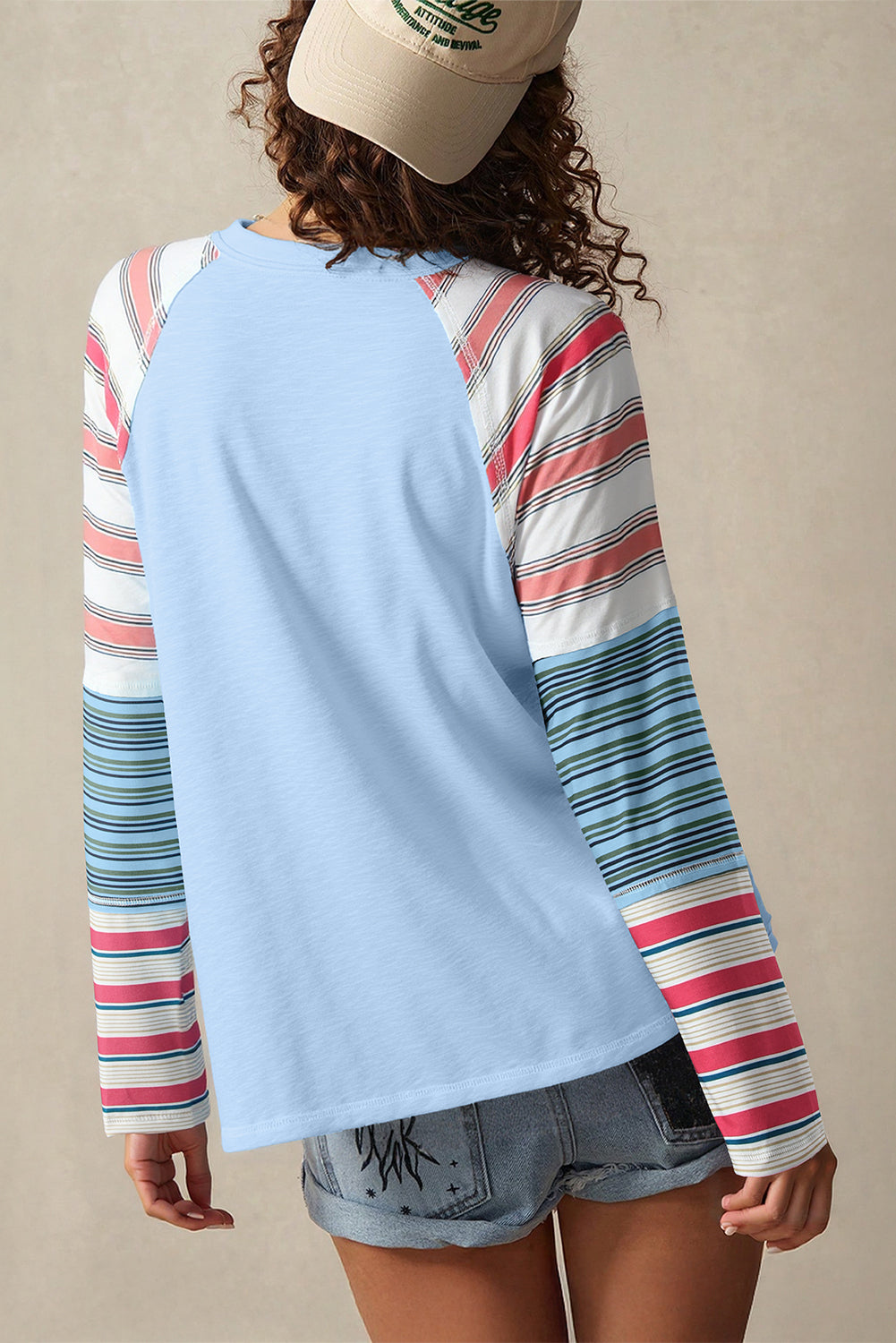 Pink Color Block Round Neck Exposed Seam Patchwork Striped Long Sleeve Top