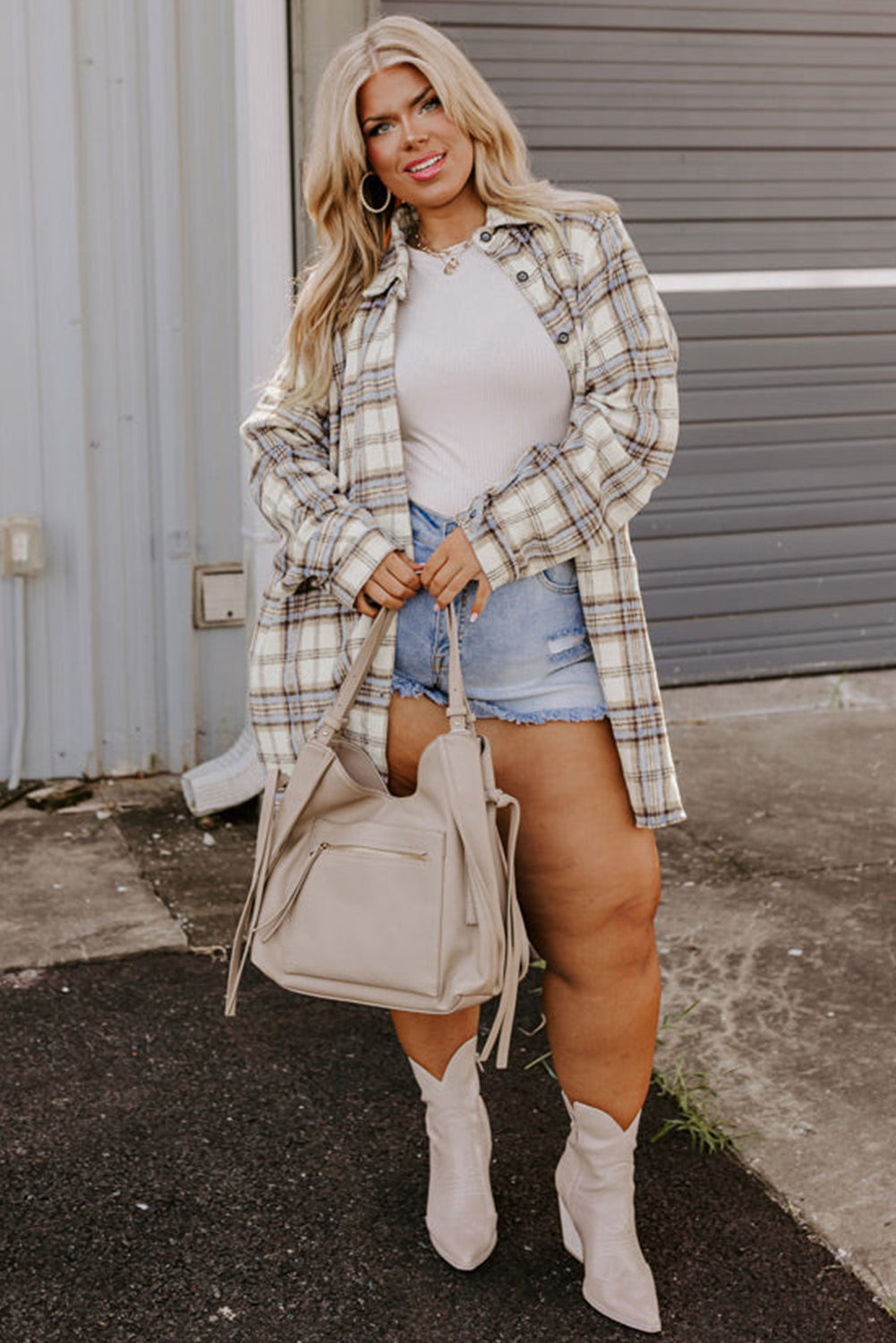 White Plaid Print Tunic Plus Size Shacket with Slits