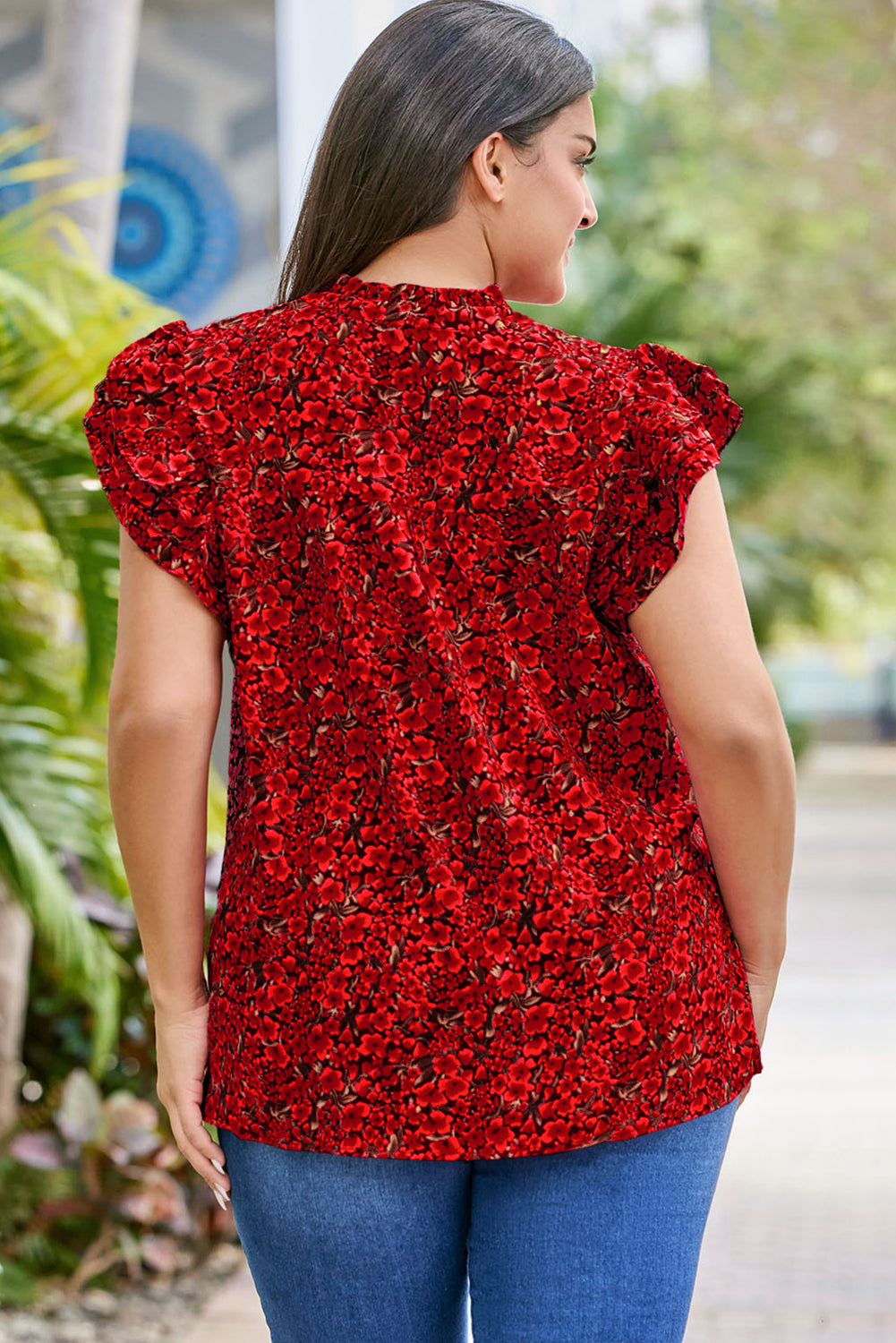Fiery Red Rose Floral Print Ruffle Sleeve Plus Size Shift Top