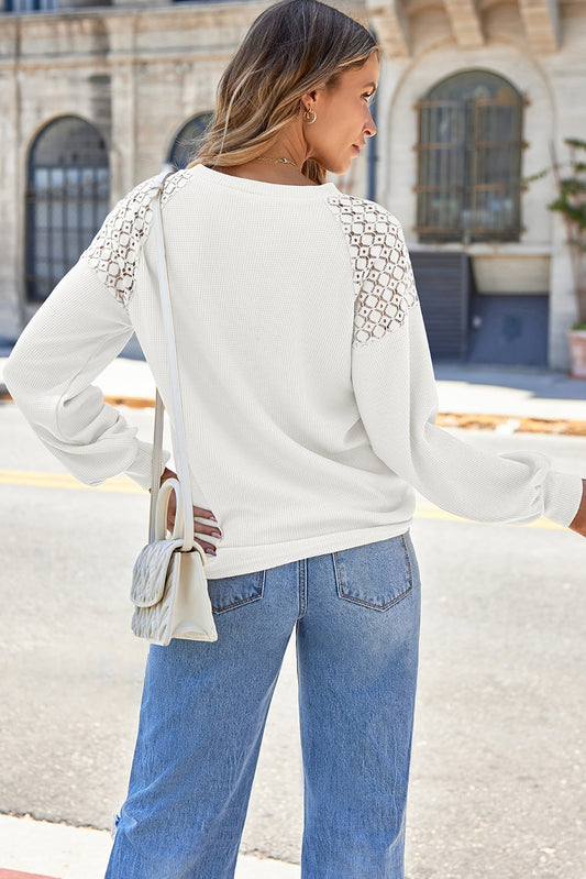 White Lace Long Sleeve Textured Pullover