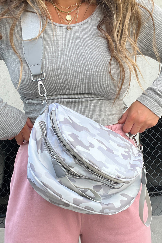 Light Grey Camouflage Print Gold Chain Strap Double Zipper Crossbody Bag