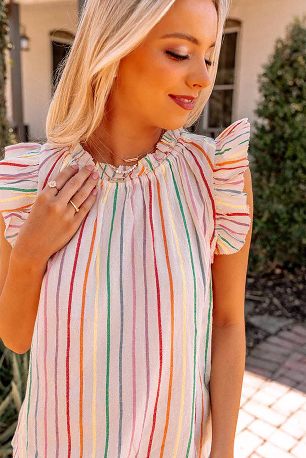 Barrier Striped Flutter Sleeve Frilled Neck Tank Top