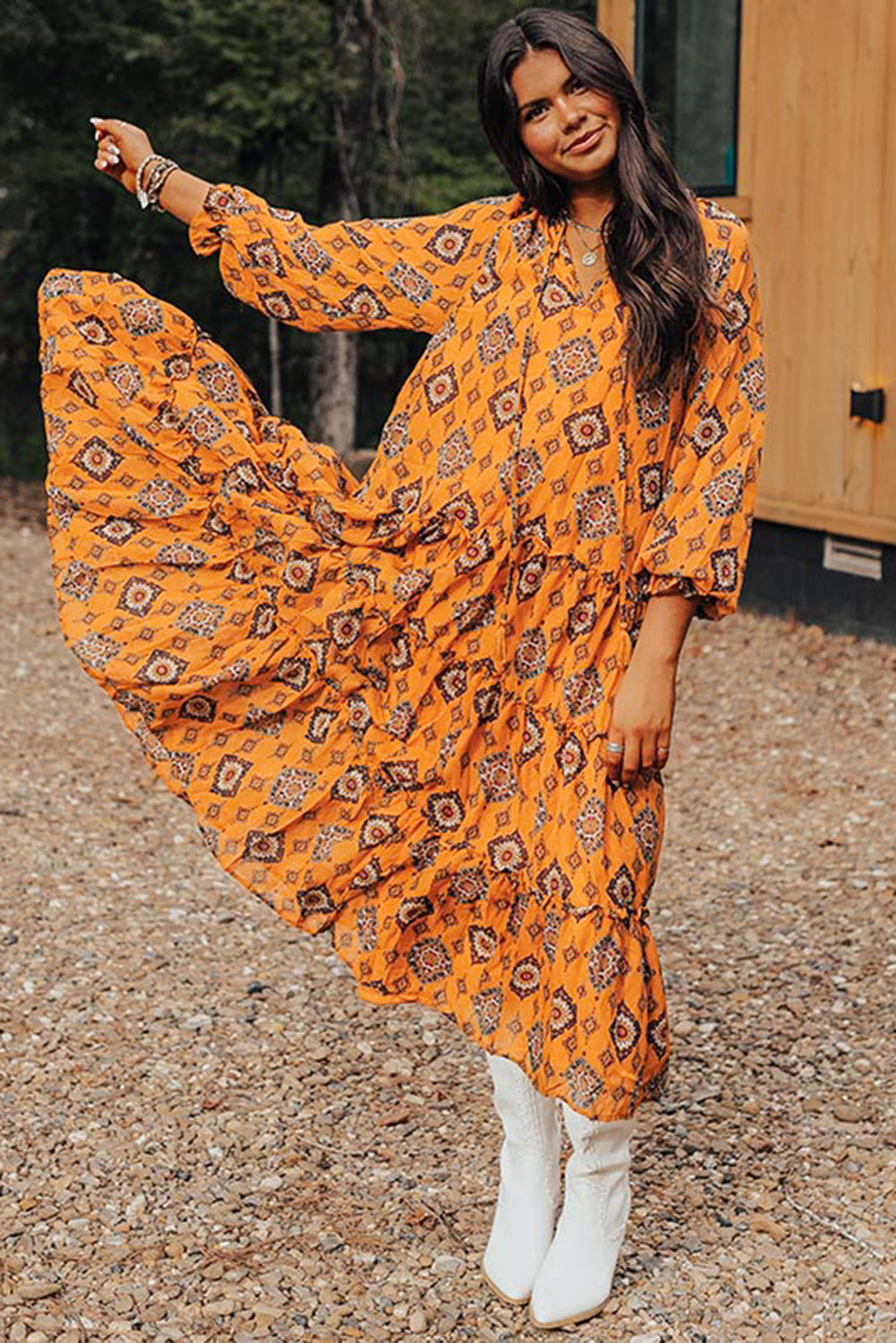 Orange Western Geometric Print Tiered Frilled Loose Fit Midi Dress