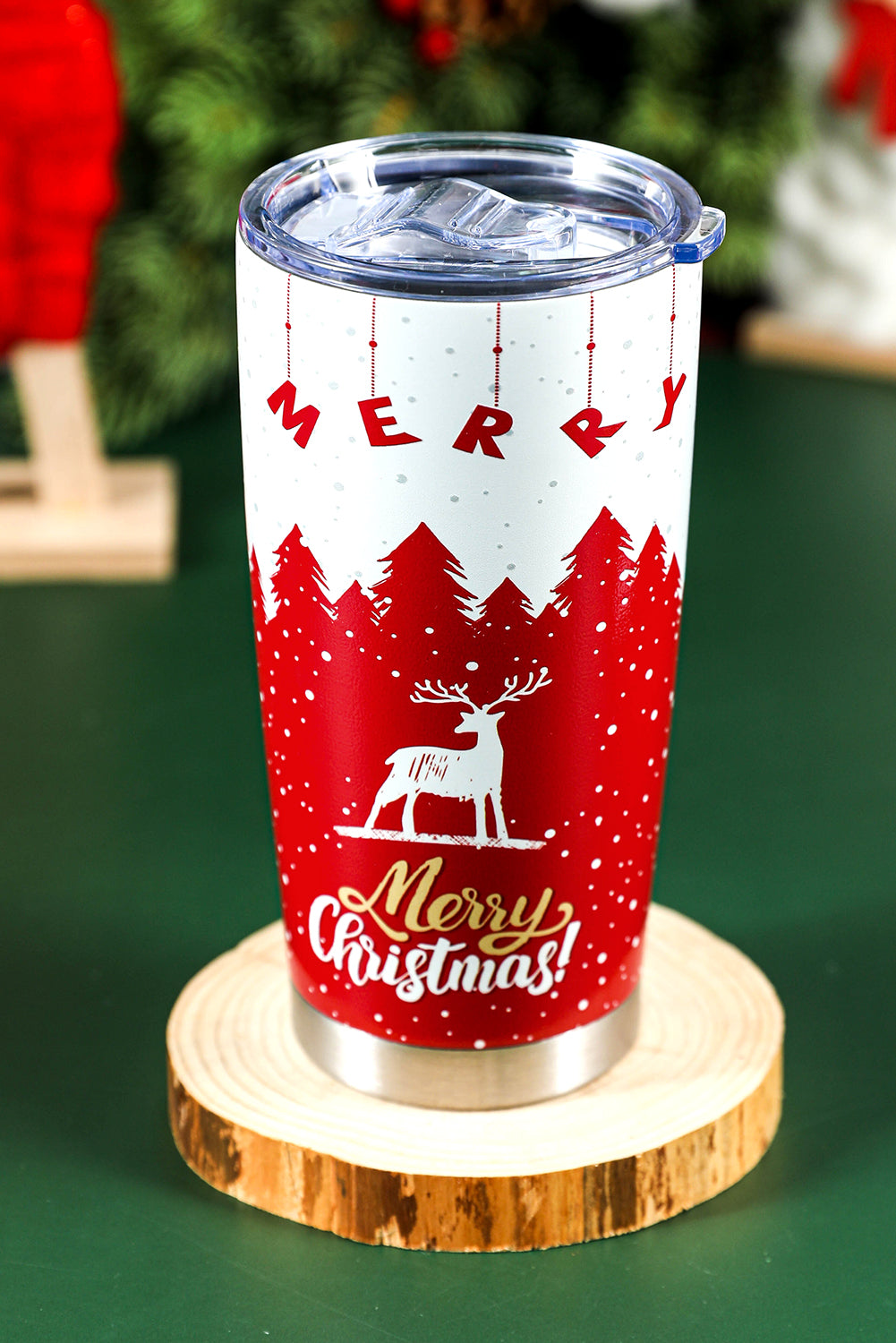 Fiery Red Christmas Tree Elk Print Stainless Steel Tumbler 20 OZ