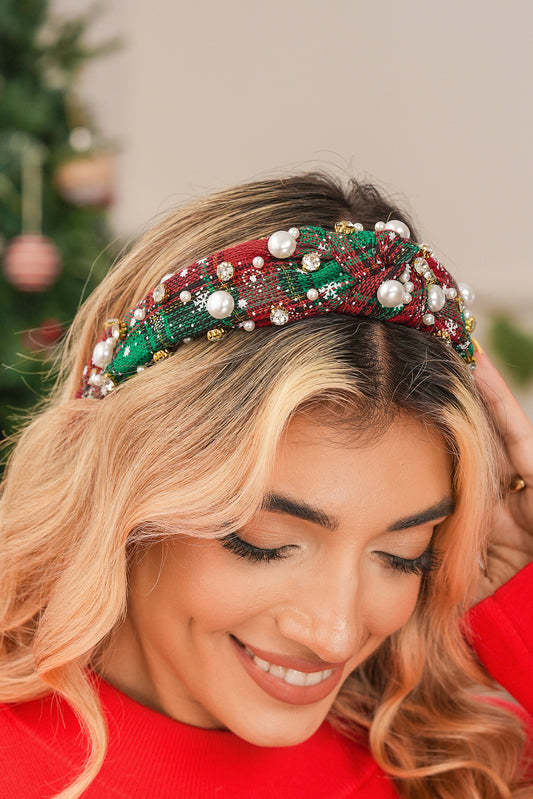 Dark Green Plaid Tweed Pearl Rhinestone Embellished Knot Headband
