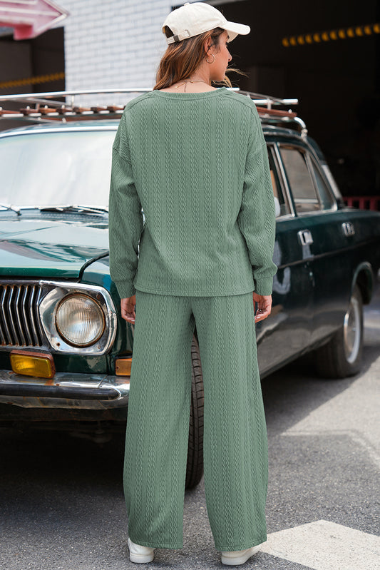 Smoke Green Textured Round Neck Sweatshirt & Loose Drawstring High Waist Pant Set