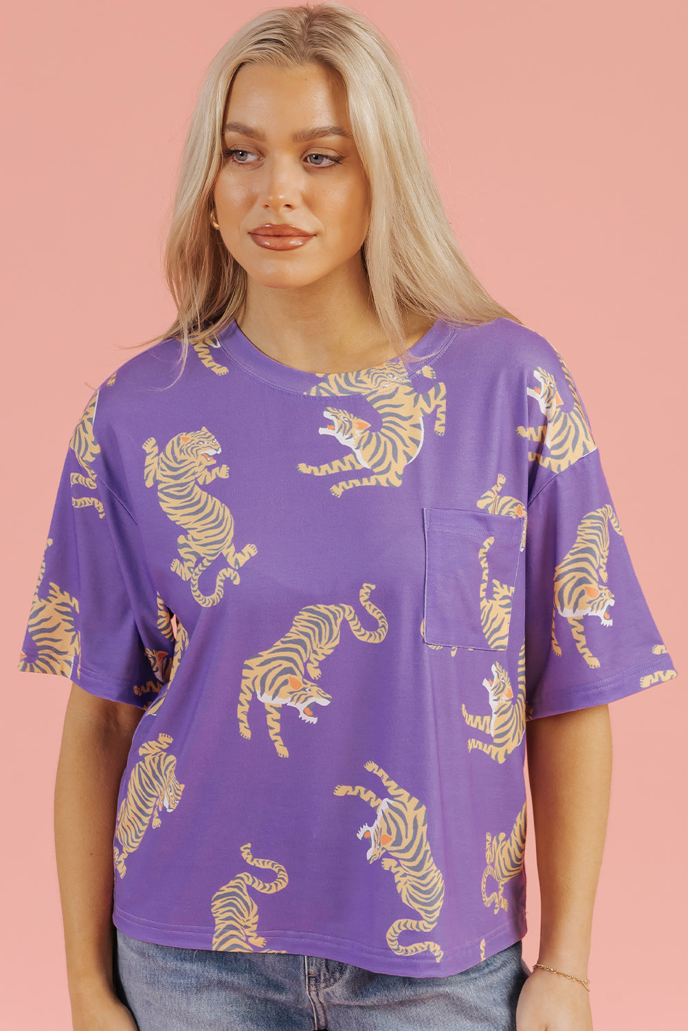 Purple Allover Tiger Printed Patch Pocket Loose T Shirt