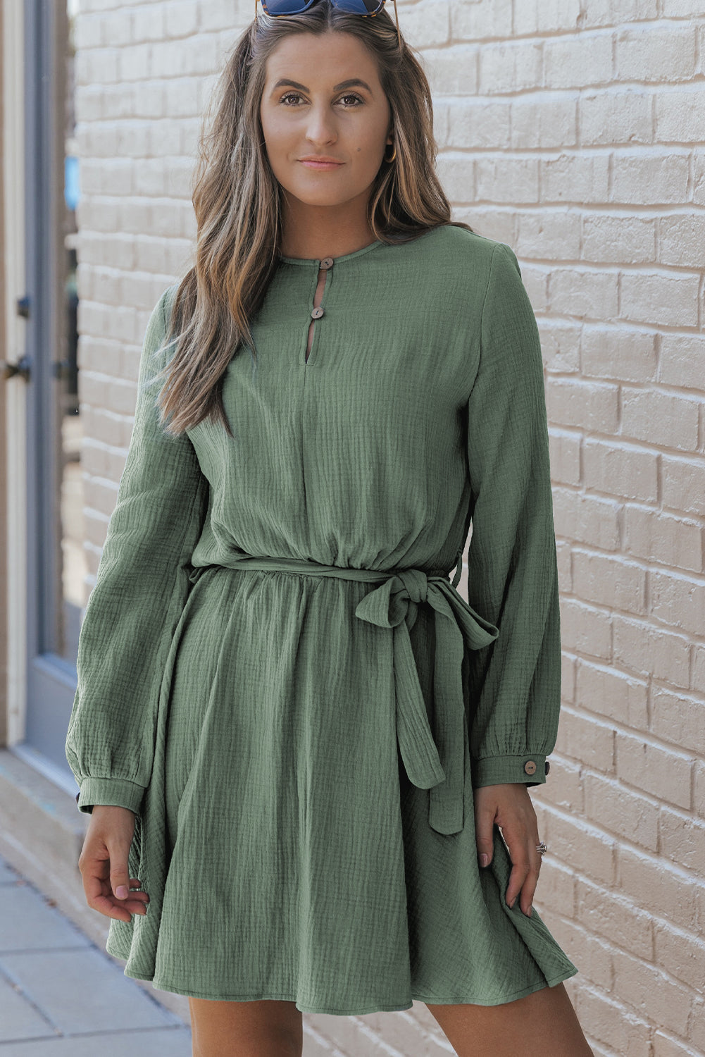 Jungle Green Button Neck Puff Sleeve Belted Pleated Mini Dress