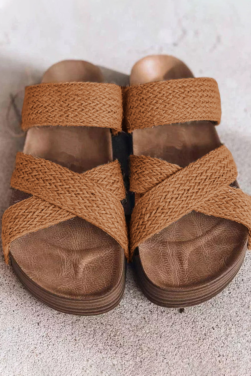 Brown Woven Cross Criss Hollowed Slip-On Slippers