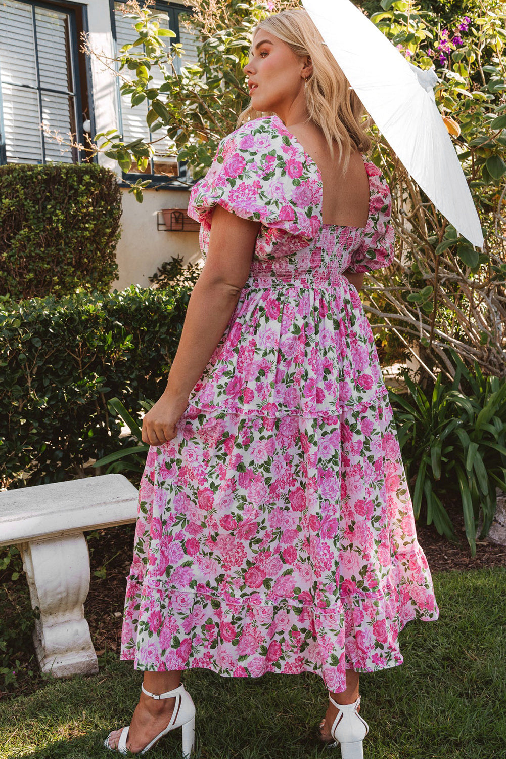 Pink Plus Size Floral Print Smocked Puff Sleeve Dress