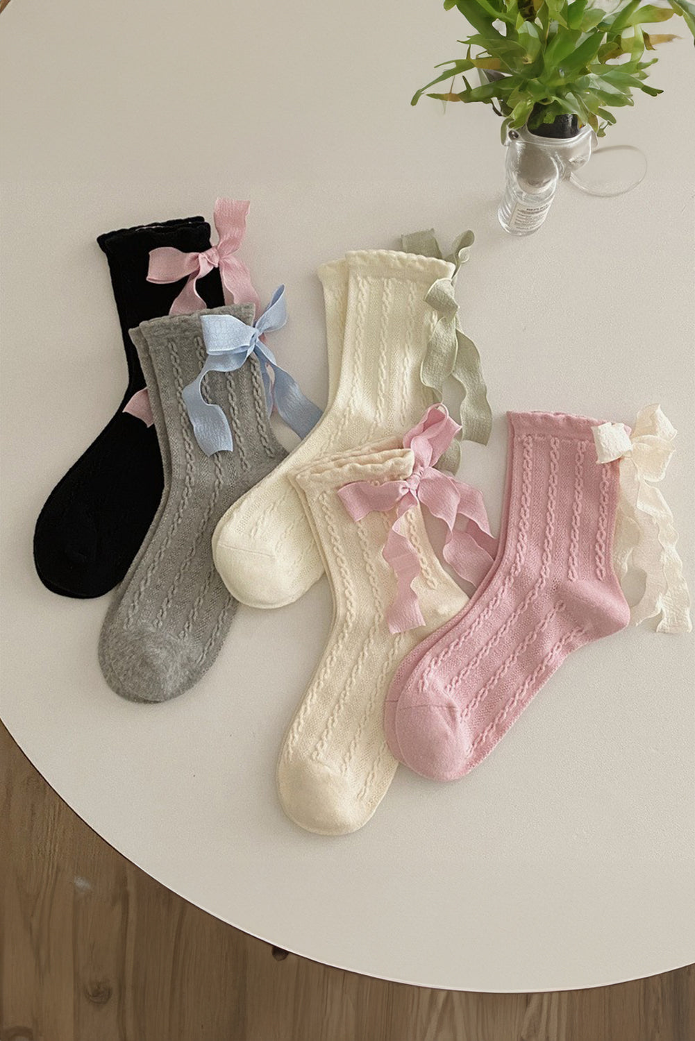 Pink 5 Pairs Contrast Ribbon Bow Decor Textured Knit Socks