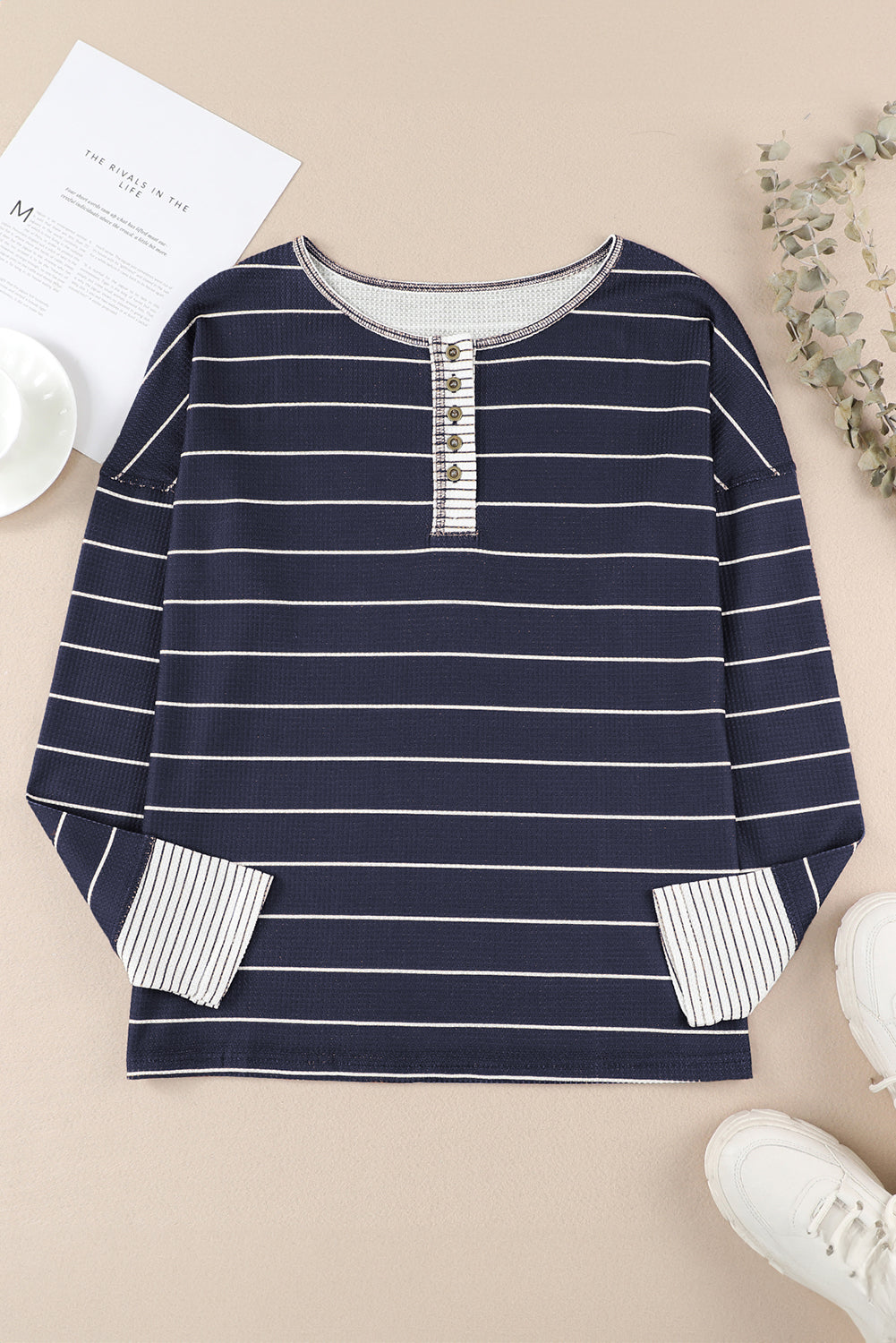 Navy Blue Striped Color Block Buttoned Waffle Knit Shirt
