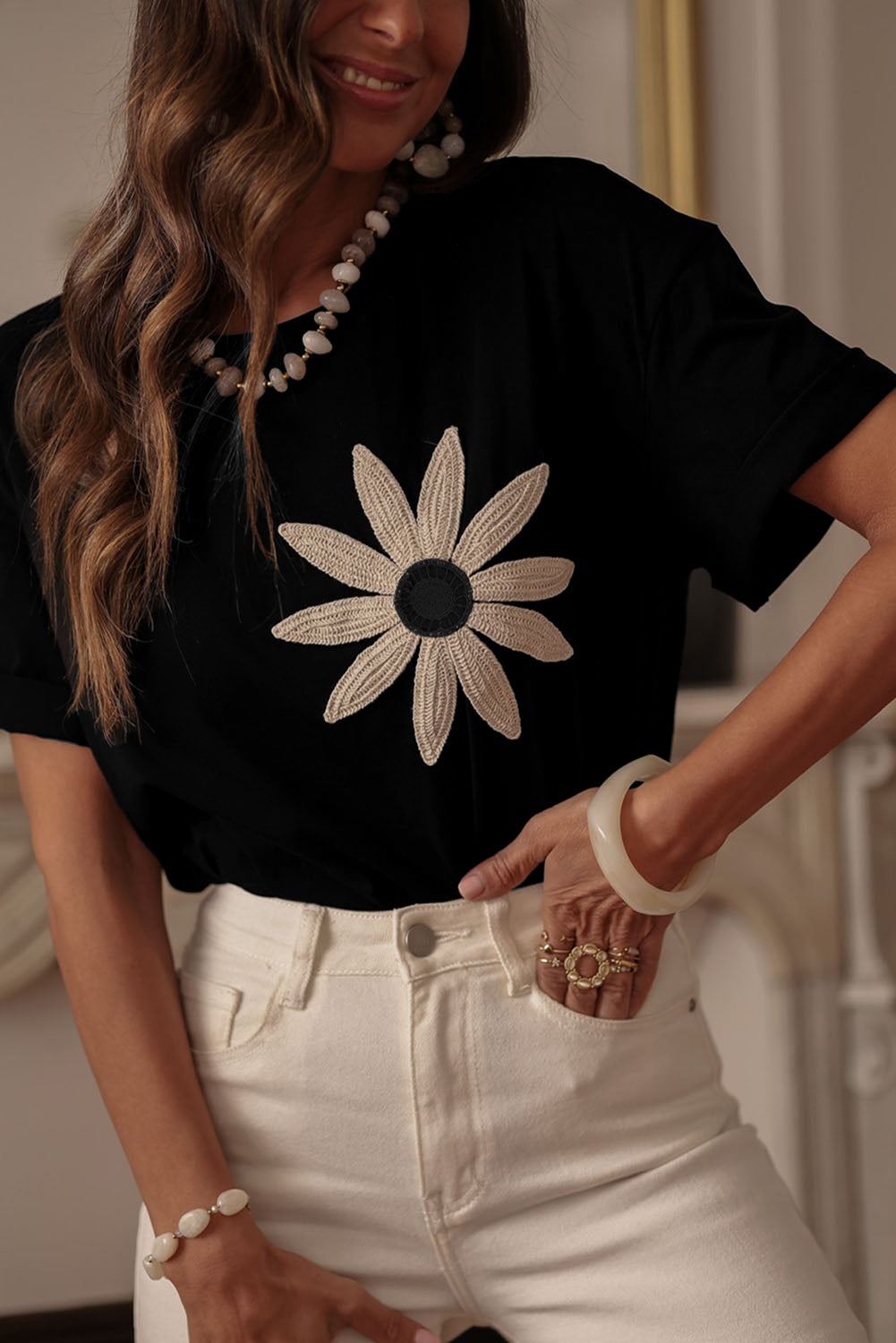 Black Contrast Crochet Floral Graphic Drop Shoulder Loose Tee