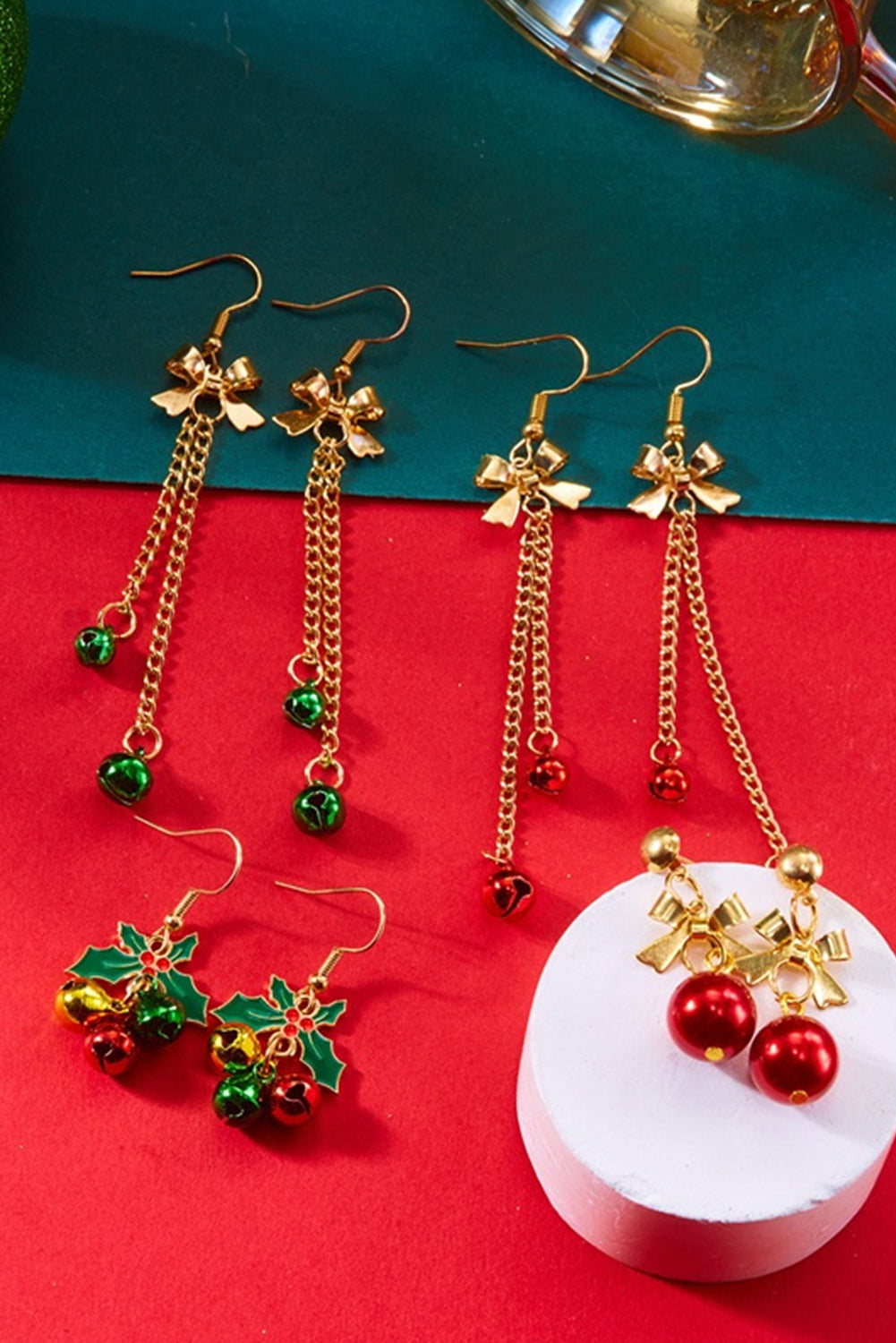 Fiery Red Jingle Bell Tassel Dangle Gold Plated Bow Hook Earrings
