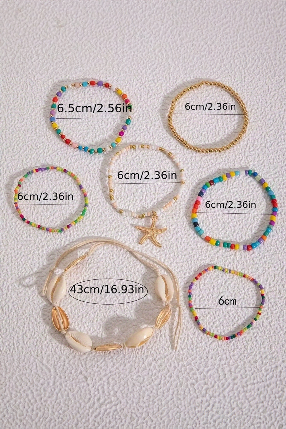 Multicolour 7pcs Starfish Seashell Beaded Bracelet Set