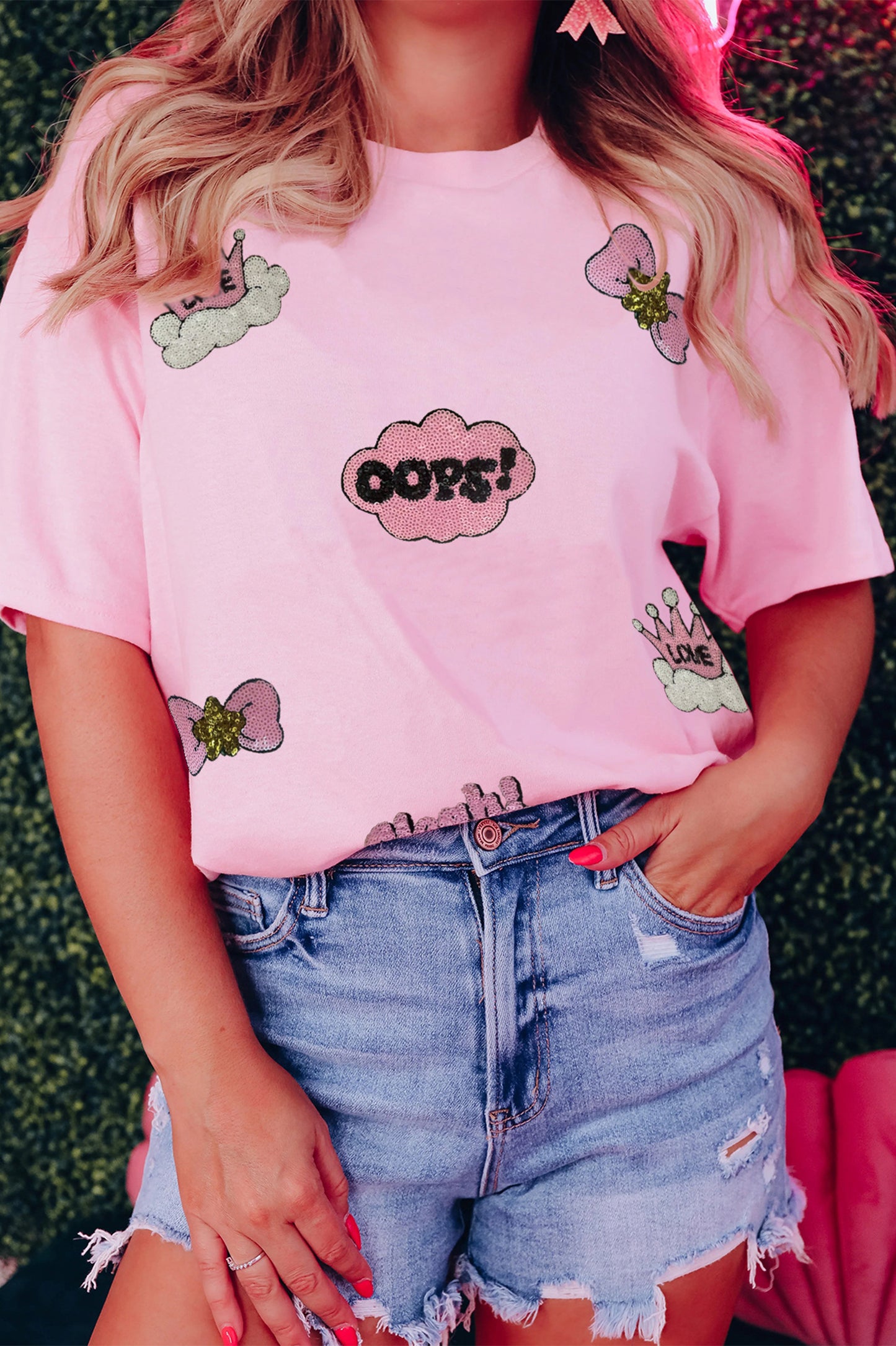 Pink Sequin Patched Valentines T Shirt