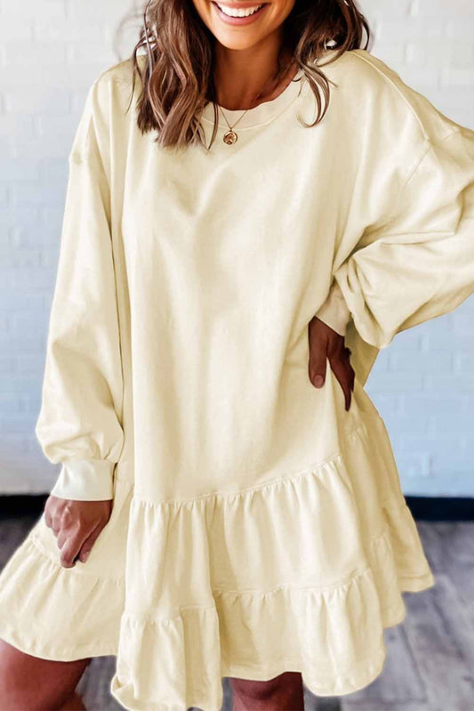 Beige Double Tiered Ruffle Hem Long Sleeve Loose Mini Dress