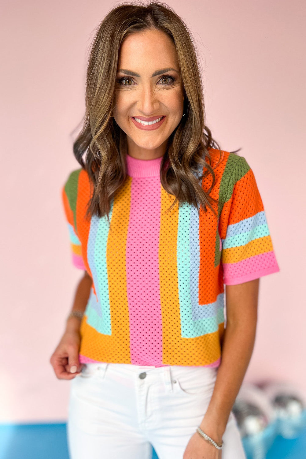 Orange Color Block Eyelet Casual Sweater T Shirt