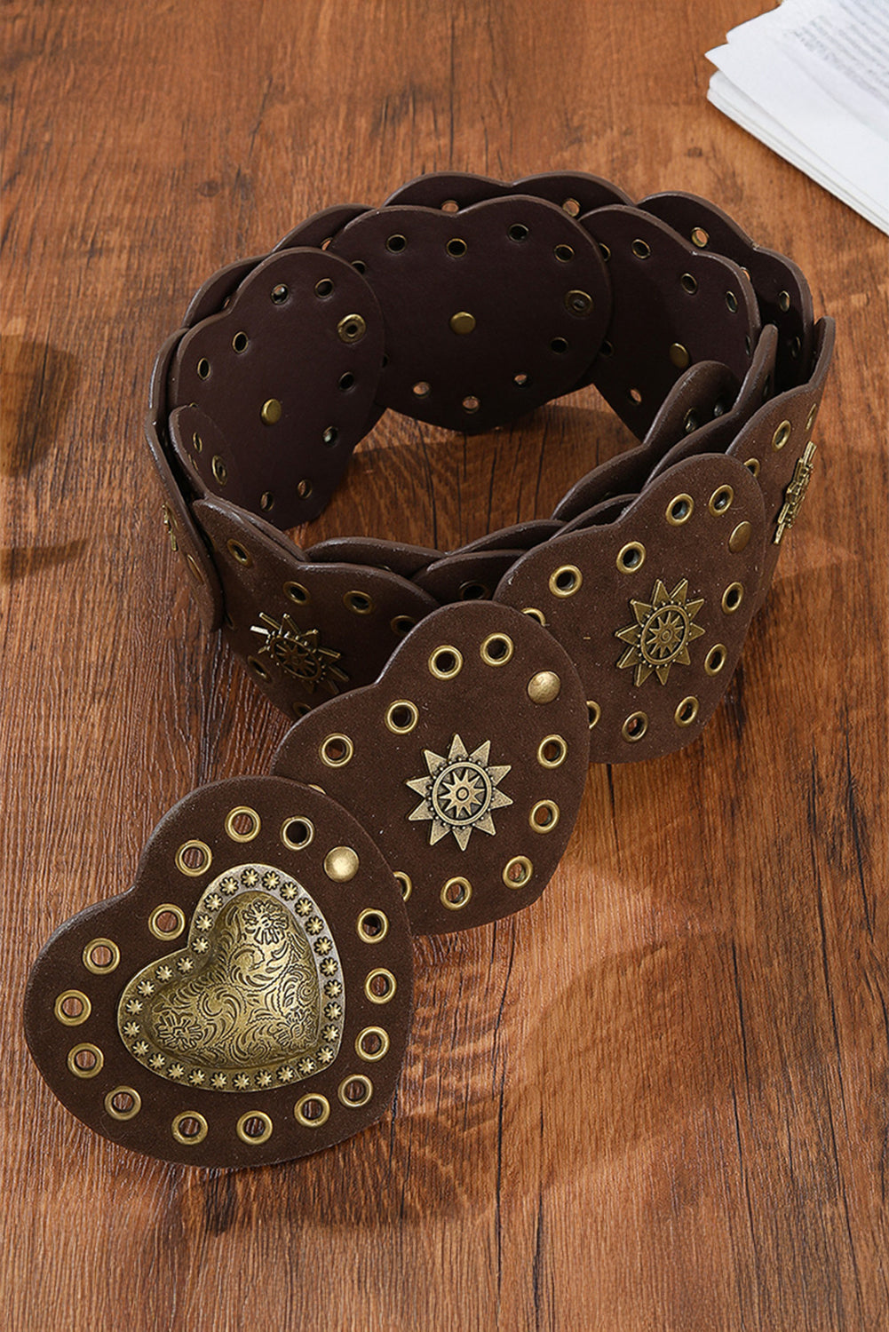 Coffee Bohemian Vintage Bronze Detail Heart Connected PU Belt