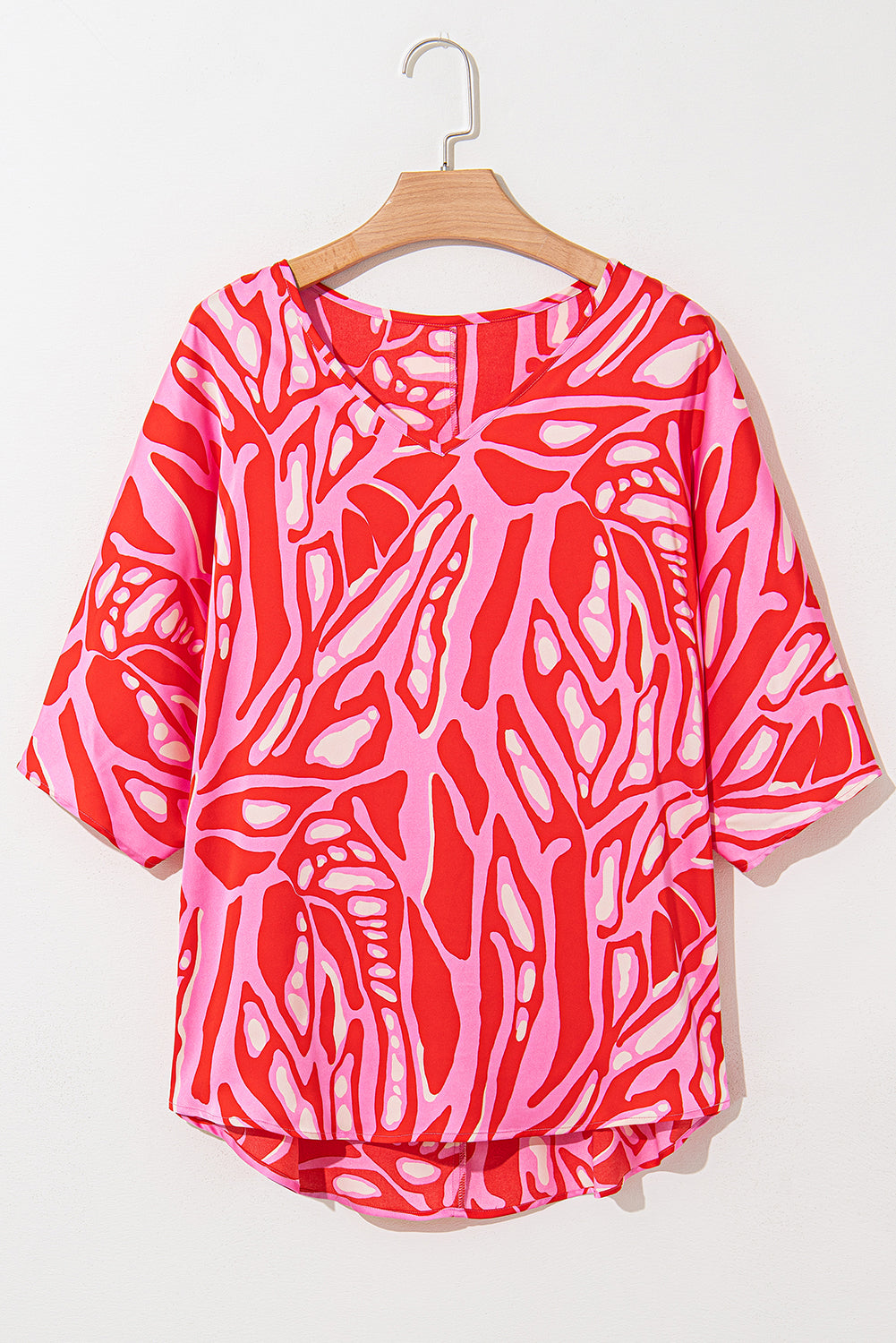 Red Abstract Print V Neck Batwing Sleeve Oversized Blouse