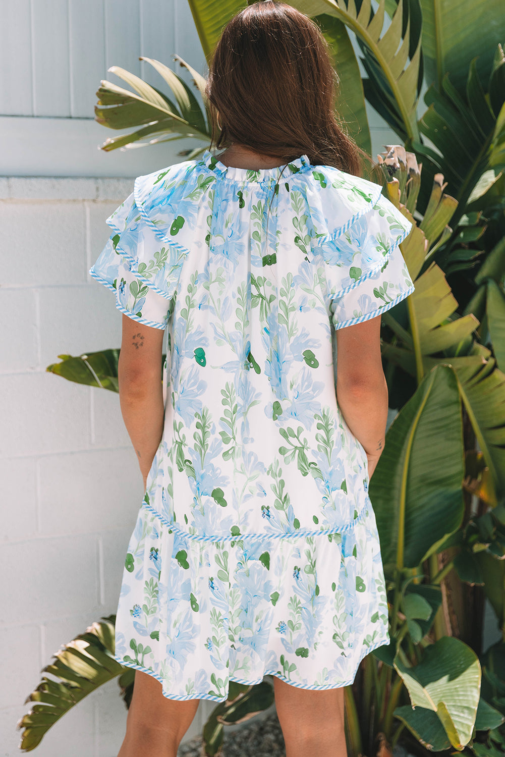 Sky Blue Floral Contrast Edge Layered Short Sleeve Mini Dress