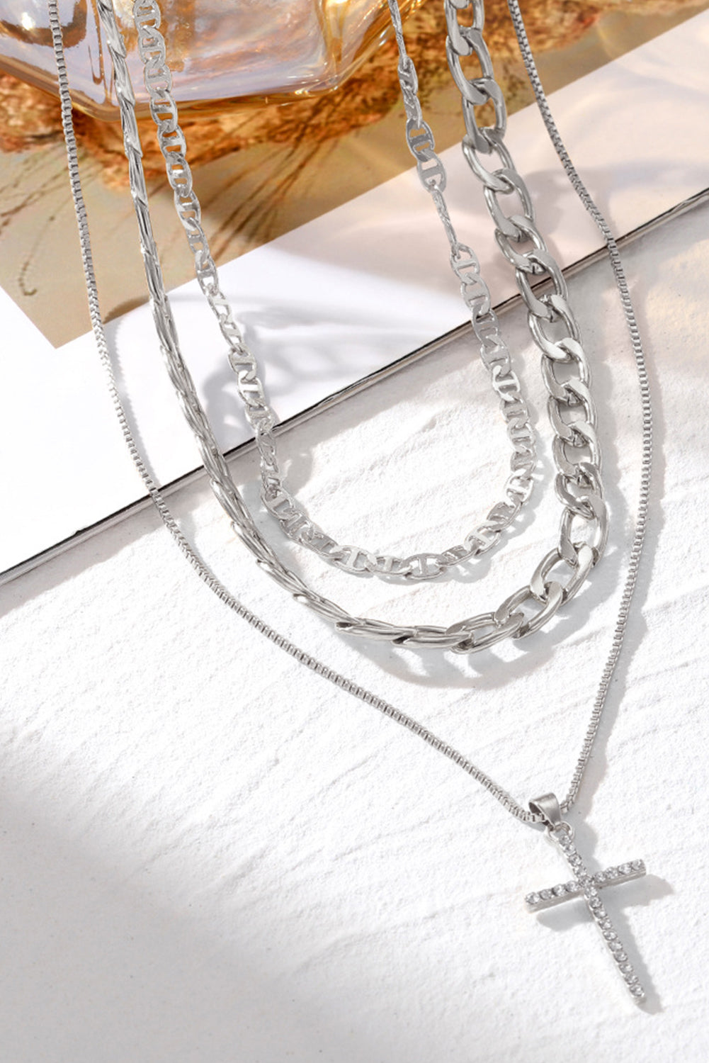 Silvery Plated Cross Pendant Multi Layer Stacked Chains Necklace