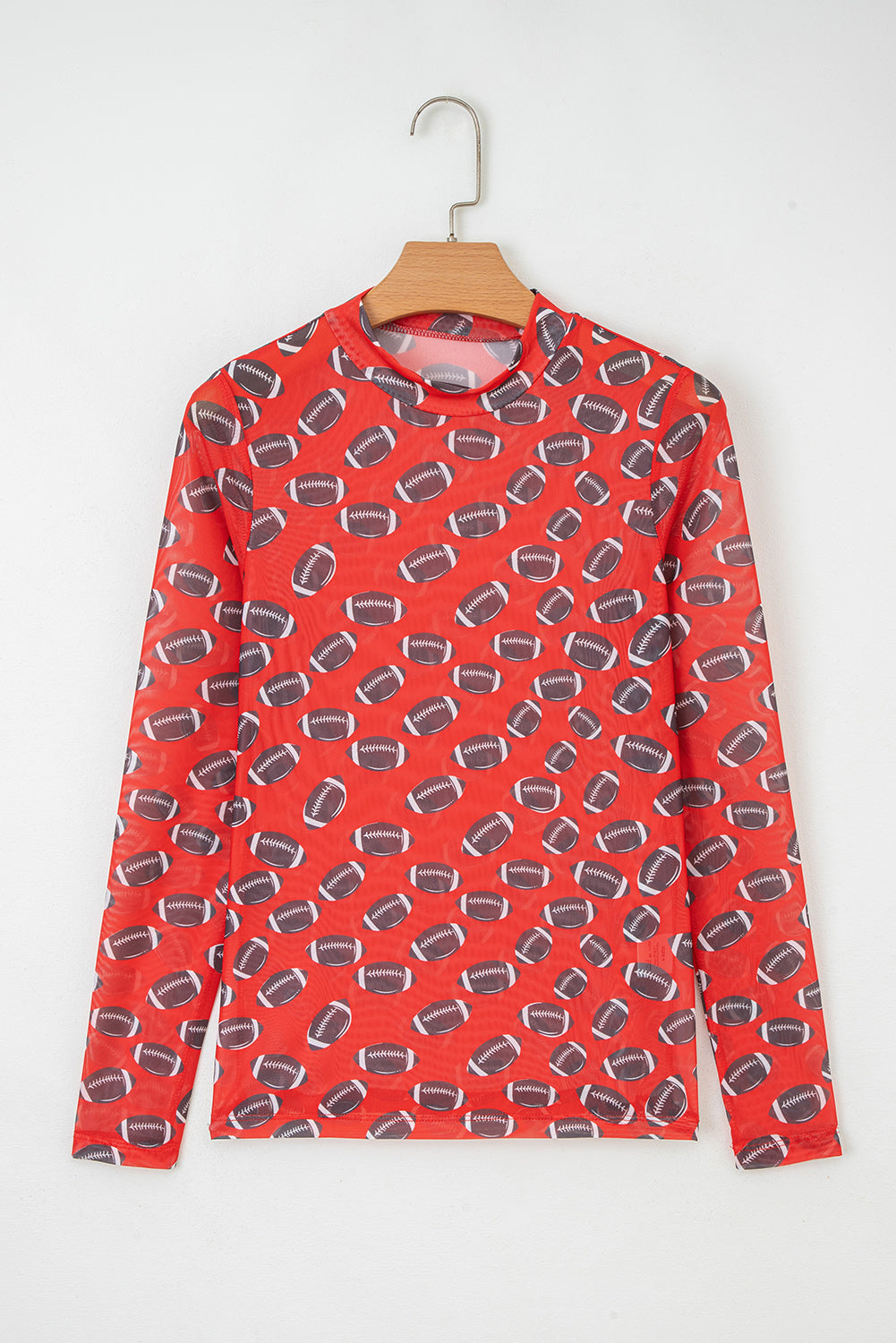 Red Game Day Rugby Mesh Sheer Long Sleeve Top