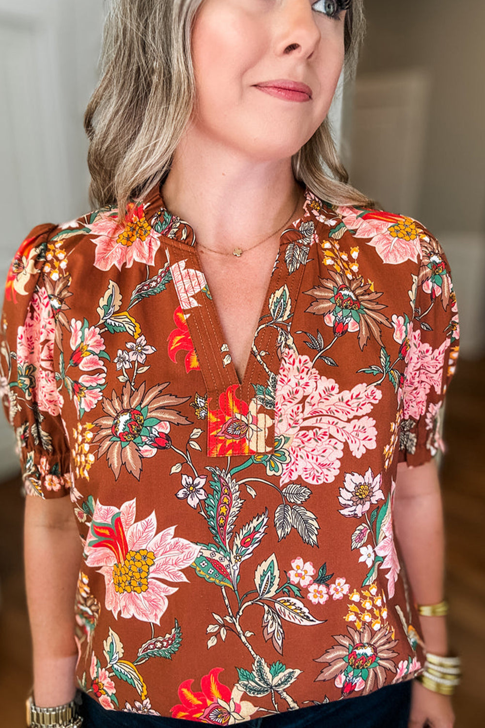 Brown Floral Stitched V Neck Frilled Trim Puff Short Sleeve Blouse