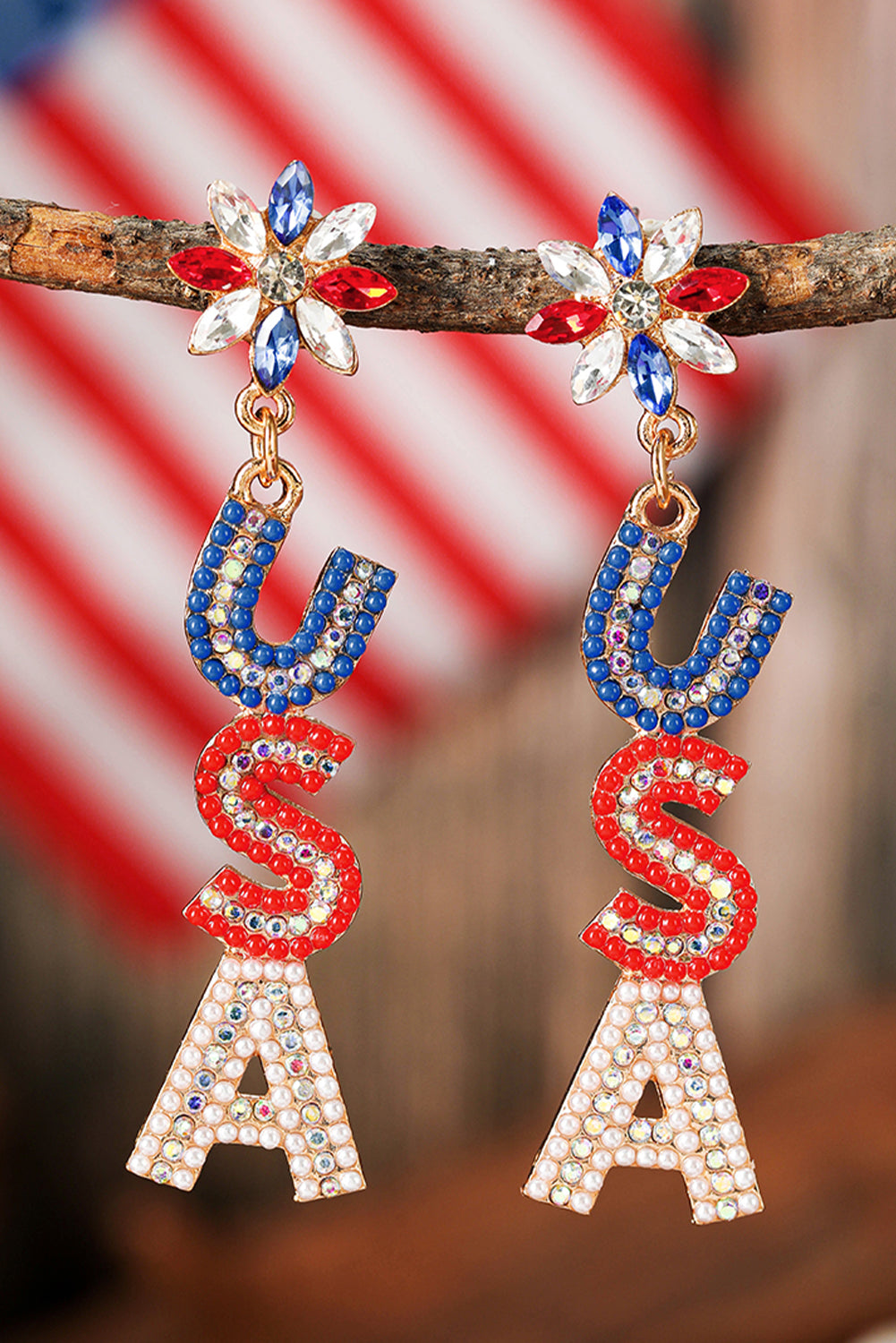 Fiery Red Beaded Rhinestone Colorblock USA Earrings