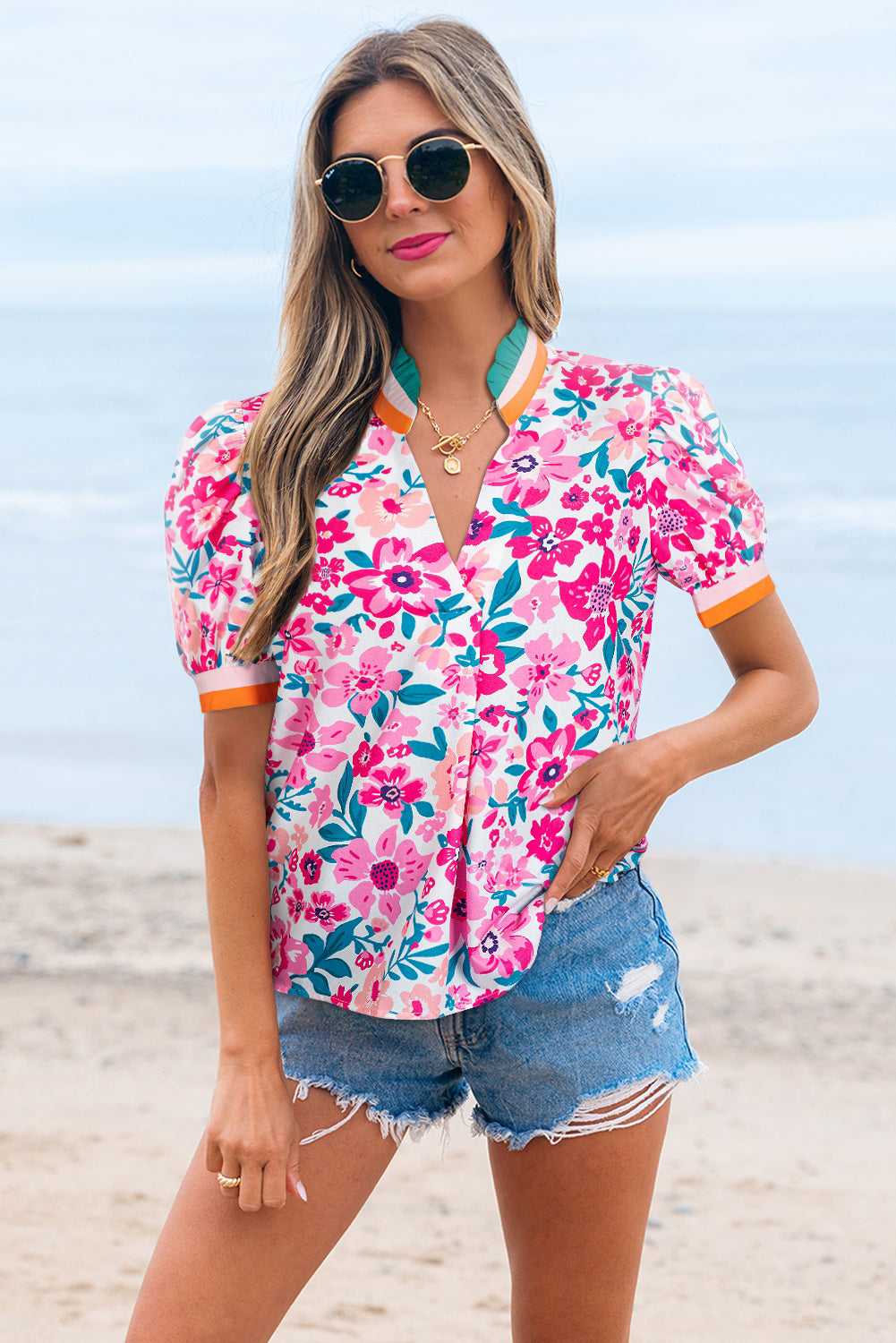 Pink Floral Print Contrast Striped Detail Short Sleeve Blouse