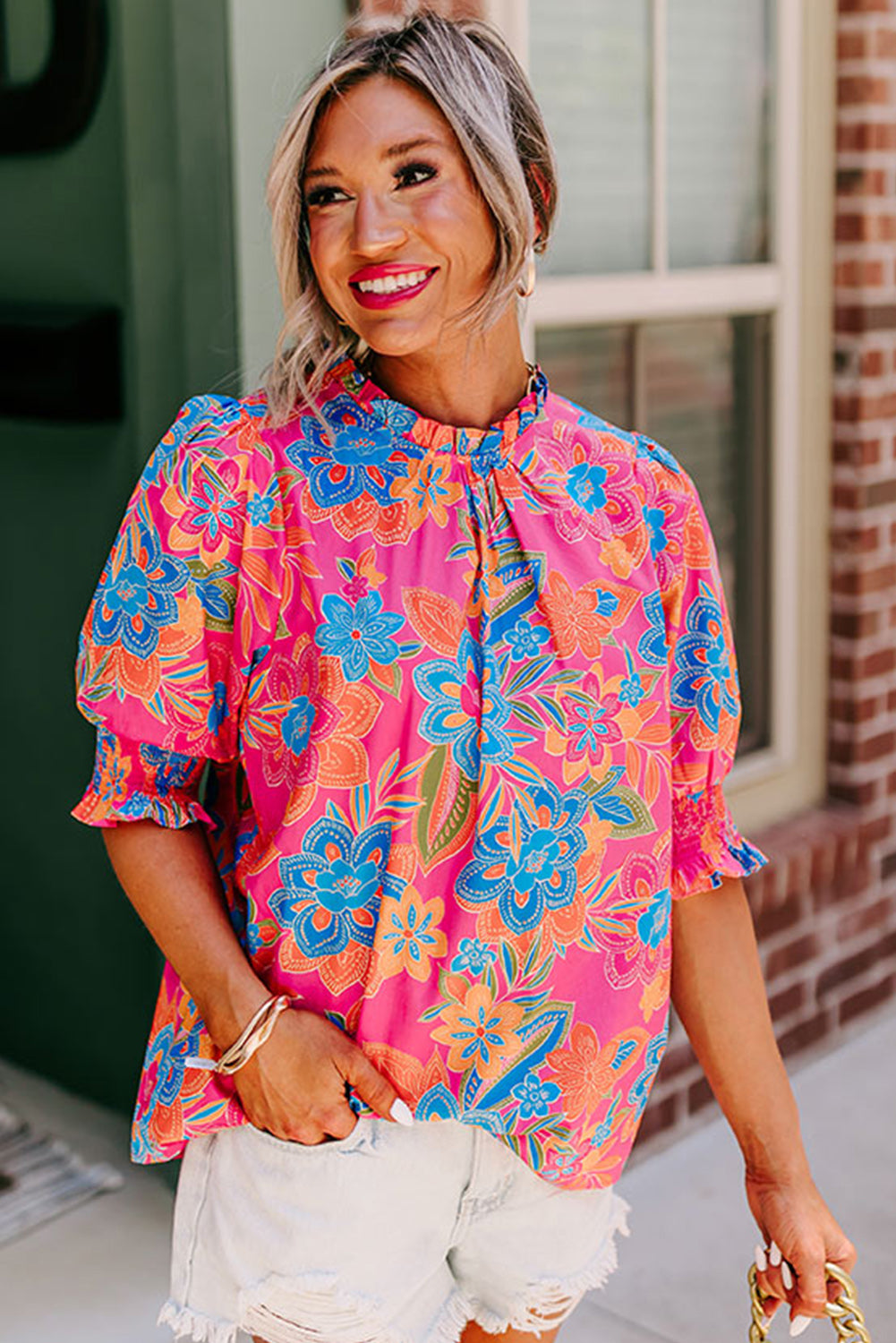 Rose Frilly Mock Neck Short Puff Sleeve Floral Blouse