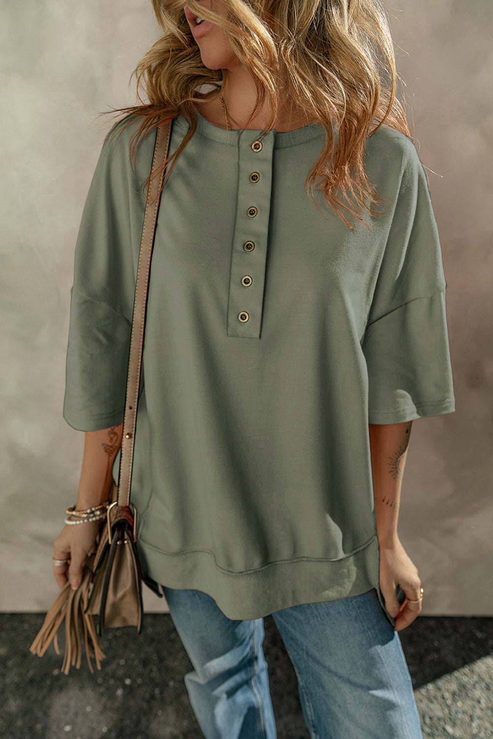 Jungle Green Exposed Seam Button Neck Wide Sleeve Tunic Top
